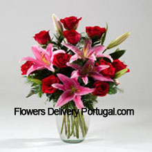 Lilies And Rose In A Vase Including Seasonal Fillers Delivered in Portugal