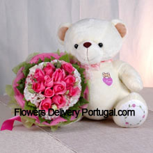 11 Pink Roses with Sweet Lovely Teddy