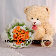 Bunch Of 11 Orange Roses And A Medium Sized Cute Teddy Bear Delivered in Portugal