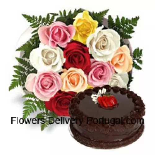 Bunch Of 11 Mixed Roses With Seasonal Fillers Along With 1 Lb. (1/2 Kg) Chocolate Truffle Cake