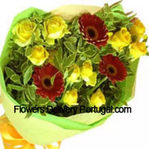 Bunch Of 10 Yellow Roses And 3 Red Colored Gerberas
