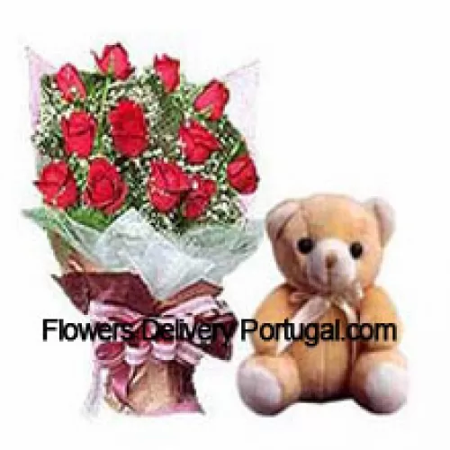Bunch Of 11 Red Roses With Fillers And A Small Cute Teddy Bear
