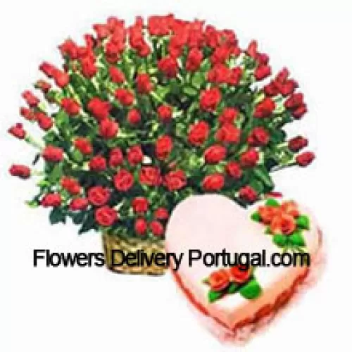 Basket Of 201 Red Roses With 1 Kg Heart Shaped Strawberry Cake