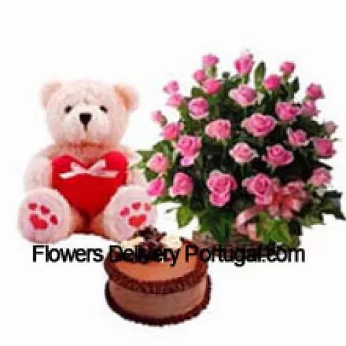 Basket Of 25 Pink Roses, 1.5 Feet Teddy Bear And 1 Kg Chocolate Truffle Cake