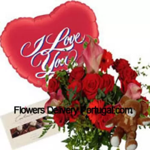 Bouquet de Géraniums Rouges et de Roses Rouges, Ballon "Je t'aime", Ours en Peluche Mignon et une Boîte de Chocolats
