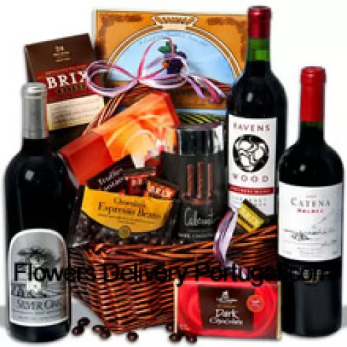 This Exclusive Gift Basket Includes Ravenswood Cabernet Sauvignon – 750 ml, Catena Malbec Mendoza – 750 ml, Silver Oak Alexander Valley Cabernet Sauvignon – 750ml, Signature Dark Chocolate Bar By Lake Champlain, Dark Chocolate Espresso Beans By Marich, Chocolatier Truffles Fantaisie by Guyaux Chocolates, Mocha Chocolate California Wine Wafer by Sacramento Cookie Co, Cabernet Flavored Dark Chocolate Gel Sticks by Sweet Candy Co and Brix Bites by Brix. (Contents of basket including wine may vary by season and delivery location. In case of unavailability of a certain product we will substitute the same with a product of equal or higher value)